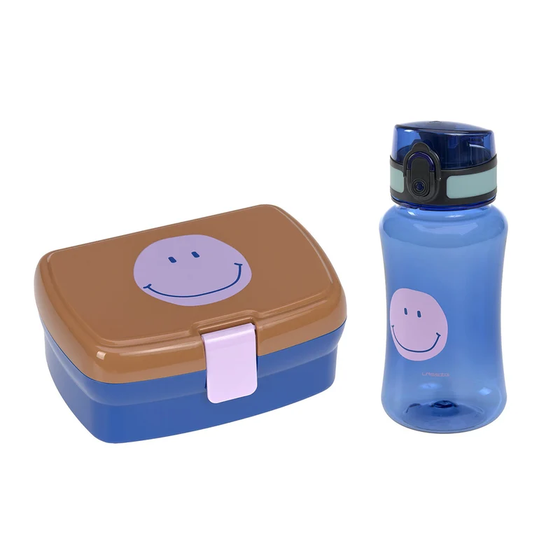 Lässig Brotdose & Trinkflasche · Set · Smile · Little Gang · blau-braun