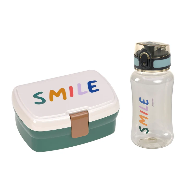 Lässig Brotdose & Trinkflasche · Set · Smile · Little Gang · weiß-grün