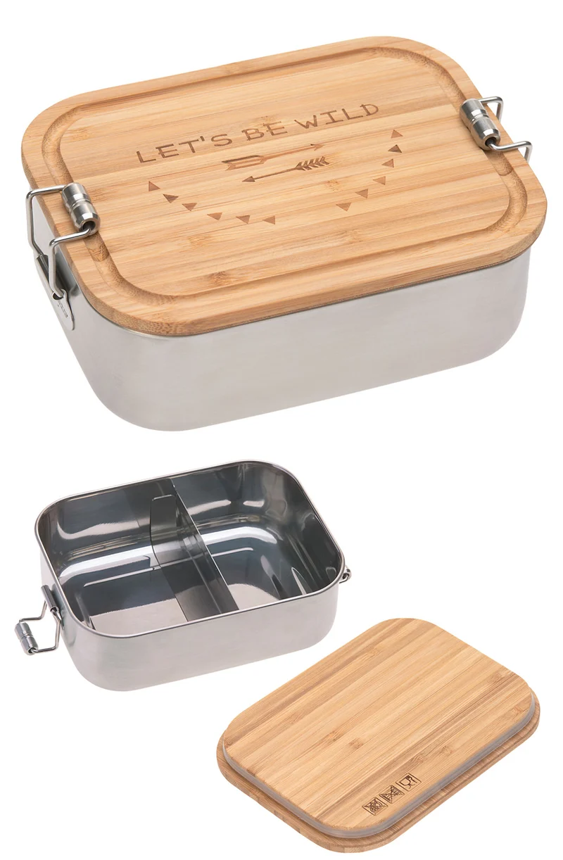 Lässig Kinder Brotdose · Edelstahl mit Bambusdeckel · Adventure