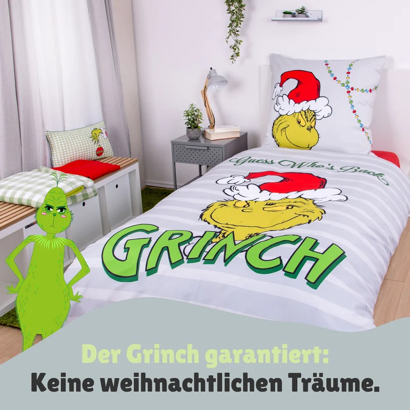 Grinch Bettwäsche für Weihachten Set 2-teilig - Decken- & Kissenbezug 135x200 80x80 cm - Weihnachtsbettwäsche mit Reißverschluss, Microfaser, Öko-Tex