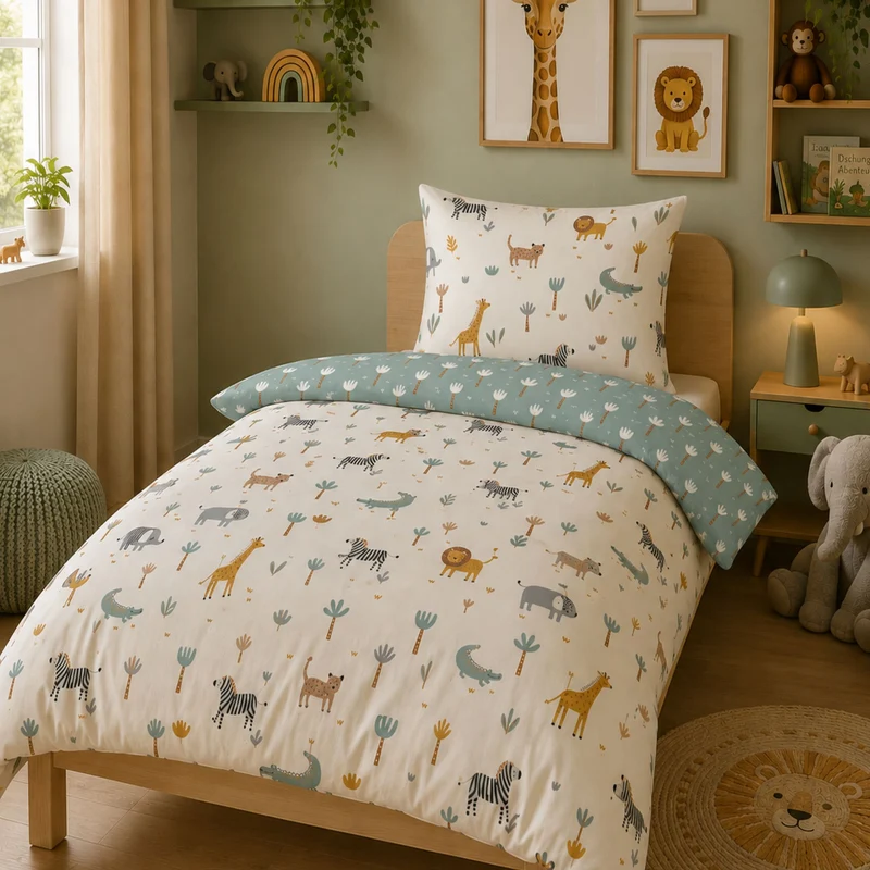 Safari Bettwäsche Set 2-teilig 135x200 80x80 cm - Renforcé Kinderbettwäsche Tiere aus 100% Baumwolle mit Reißverschluss - maschinenwaschbar, Öko-Tex