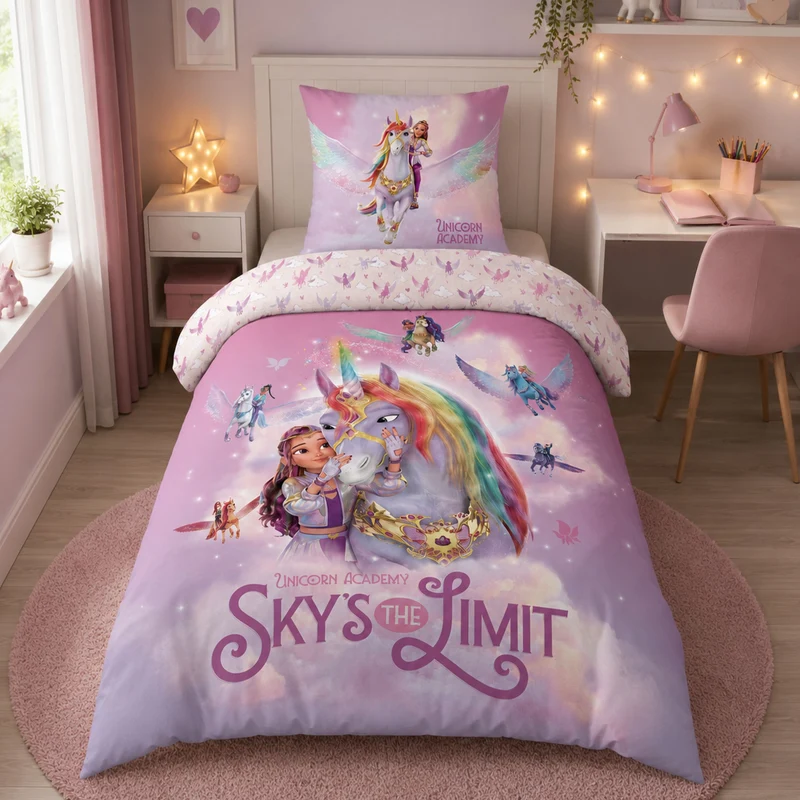 Unicorn Academy Bettwäsche für Mädchen 135x200 80x80 cm Rosa Violett mit Sophia & Wildstar Motiv aus 100% Baumwolle
