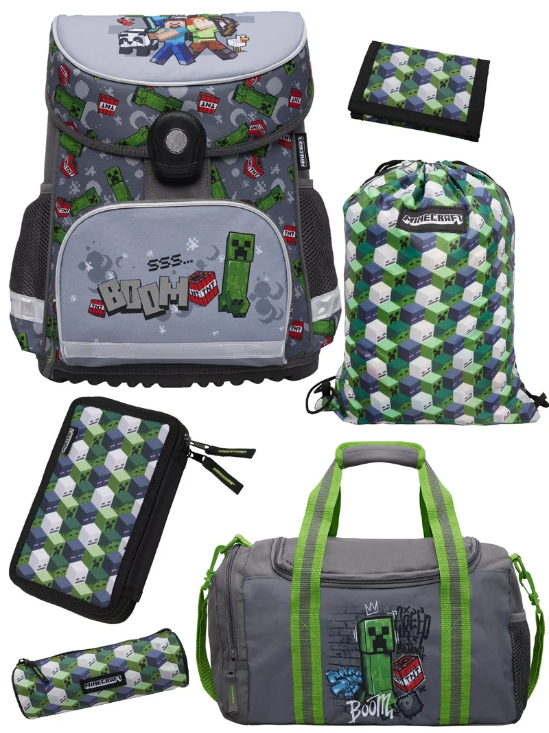 Familando Minecraft Schulranzen Set, grau - Gaming Pixel Schultasche ab 1. Klasse