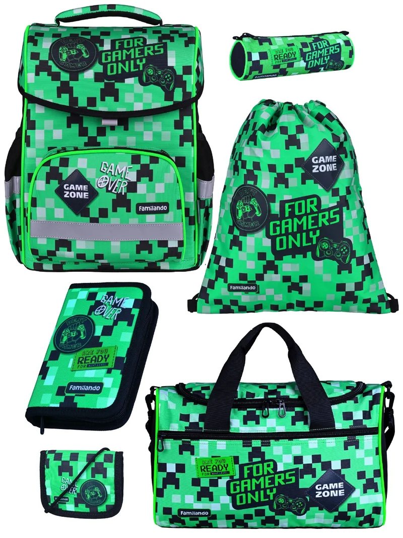 Familando Basic-Plus Schulranzen-Set Pixel, grün - Gamer Schultasche ab 1. Klasse