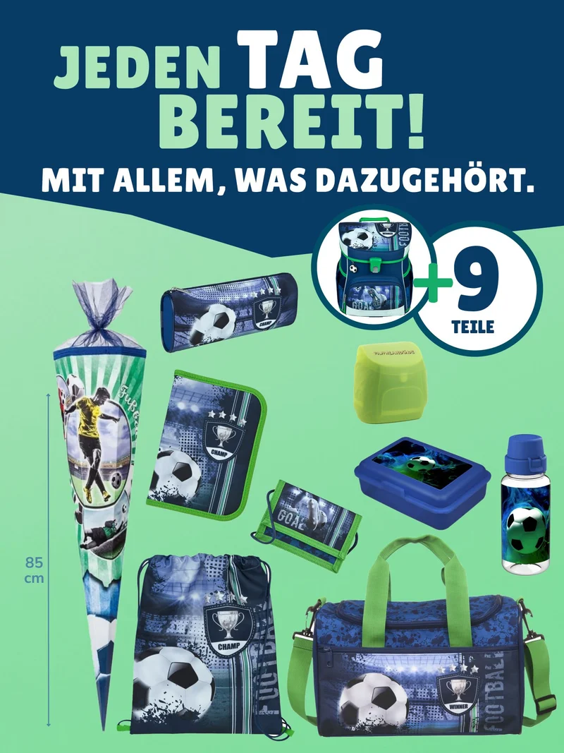 Scooli Campus Fit Schulranzen Set Fußball, blau - Soccer Schultasche ab 1. Klasse