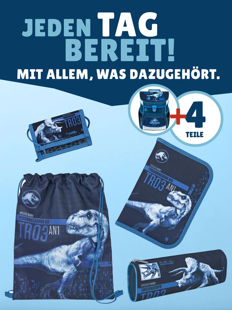 Scooli Campus Fit Schulranzen Set Jurassic World, T-Rex blau - Dinosaurier Schultasche 1. Klasse
