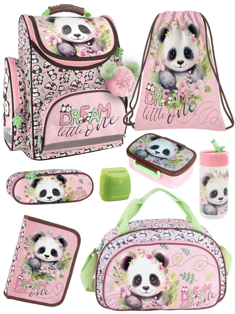 Familando Panda Bär Schulranzen Set 8-teilig, rosa - Schultasche ab. 1 Klasse