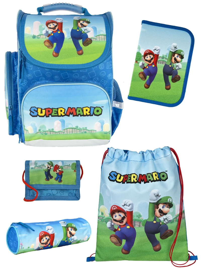 Familando Clou Schulranzen Set Super Mario, blau - Nintendo Schultasche ab 1. Klasse