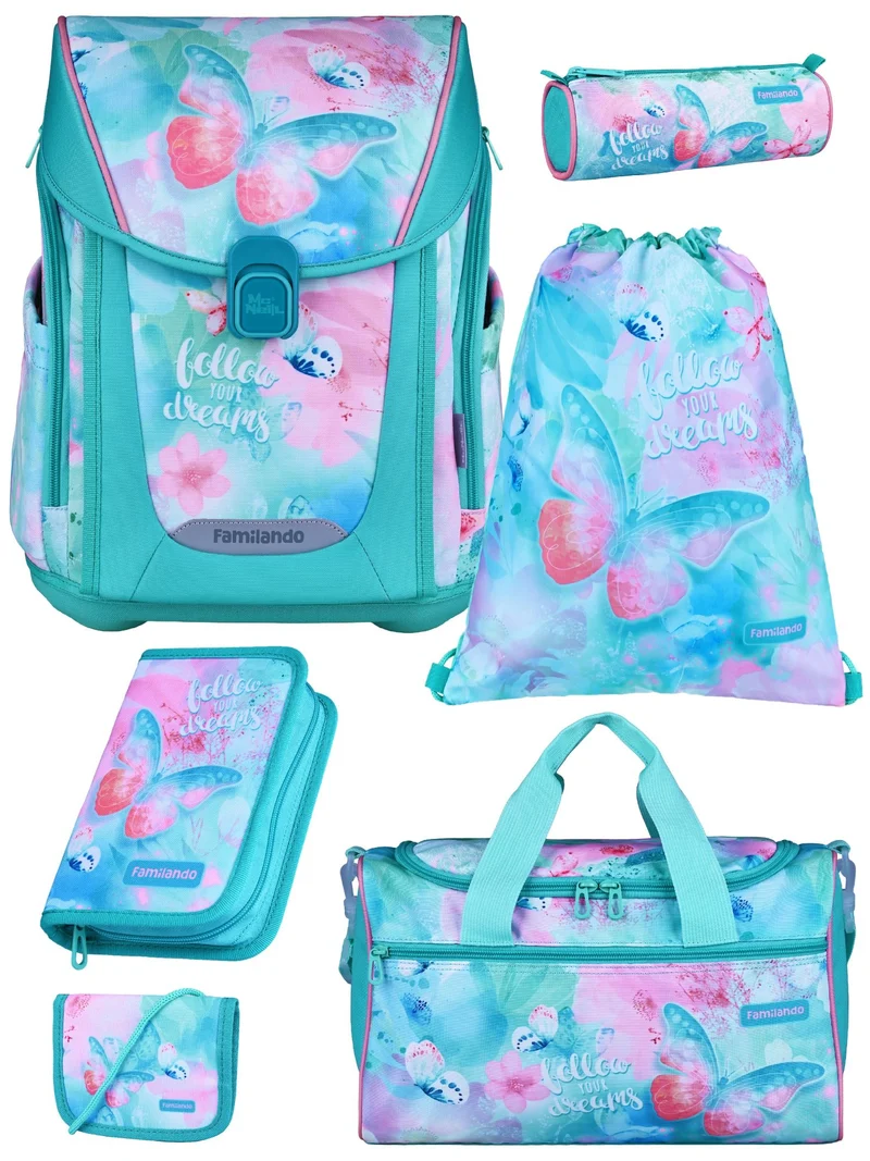 Familando Mädchen Schulranzen Set BUTTERFLY Schmetterlinge Schultasche ab der 1. Klasse