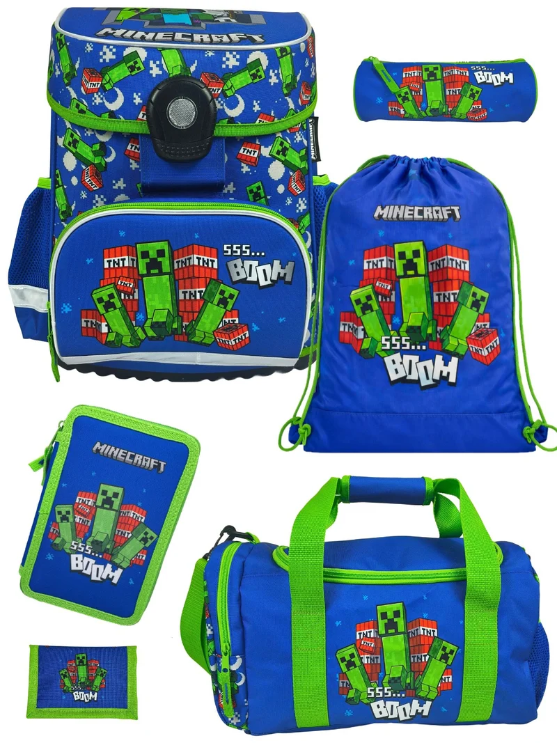 Familando Minecraft Schulranzen Set, blau grün - Gaming Pixel Schultasche ab 1. Klasse