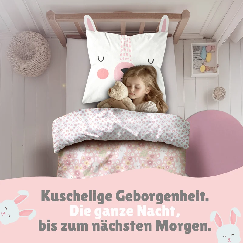 Kinderbettwäsche Set Hase 2-teilig 135x200 80x80 cm - Rosa Häschen Bettwäsche mit Ohren aus 100% Baumwolle mit Reißverschluss - Renforcé, atmungsaktiv