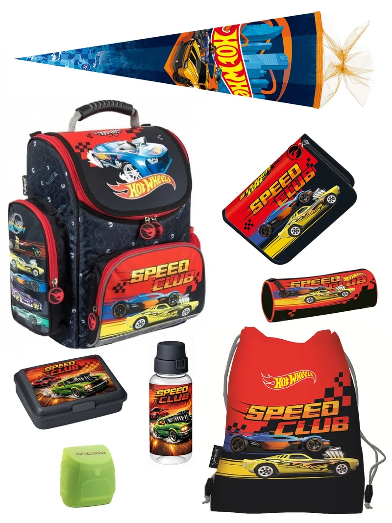 Familando Export Schulranzen Set Hot Wheels, schwarz rot - Rennauto Schultasche ab. 1 Klasse