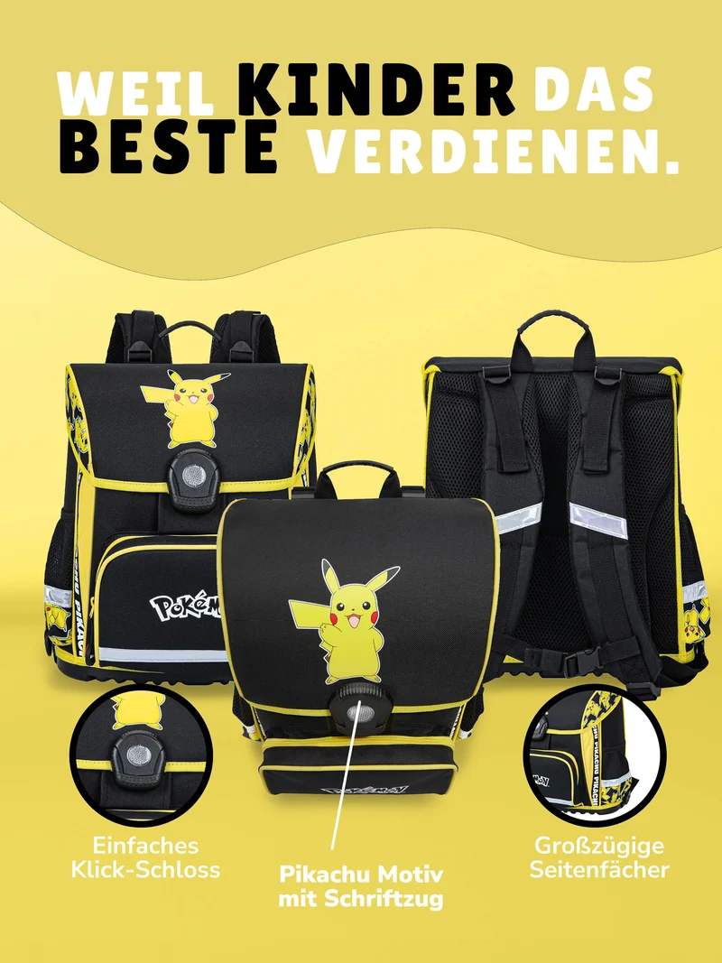 Familando Pokémon Schulranzen Set Pikachu, gelb - Pokemon Schultasche ab 1. Klasse