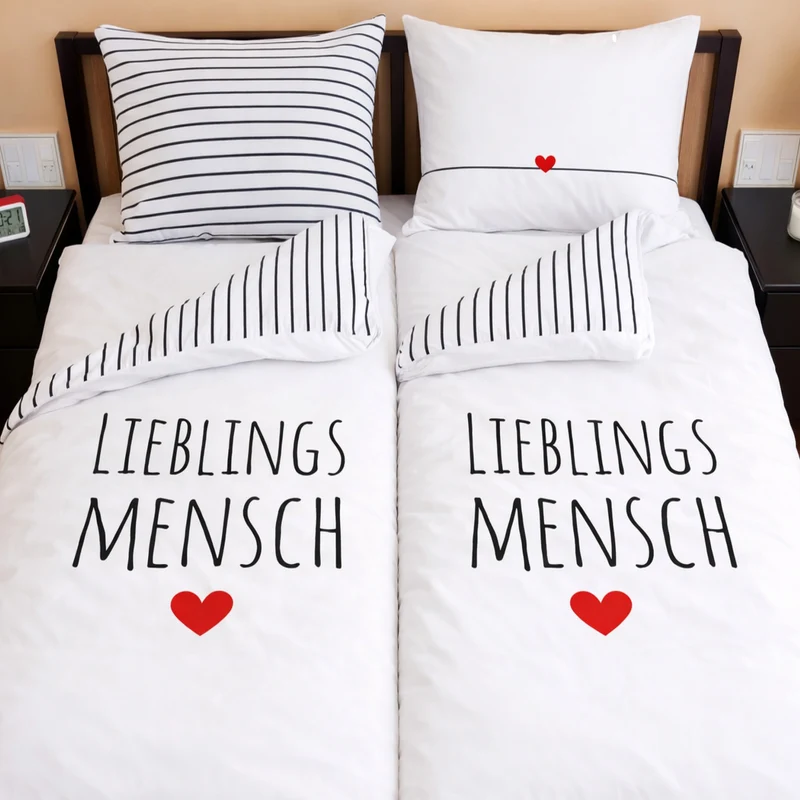 Bettwäsche Set 4-teilig 135x200 80x80 cm LIEBLINGSMENSCH aus 100% Baumwolle mit Reißverschluss Öko-Tex zertifiziert