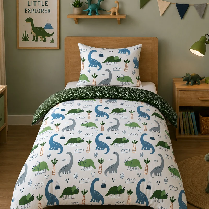 Dinosaurier Bettwäsche Set 2-teilig 135x200 80x80 cm - Dino Kinderbettwäsche aus 100% Baumwolle mit Reißverschluss