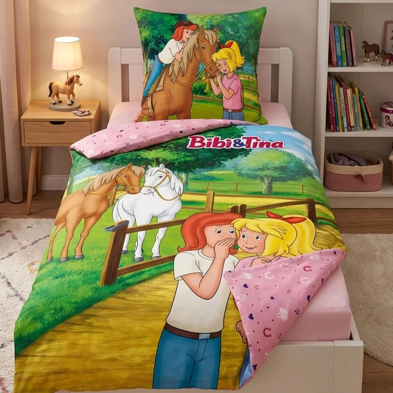 Bibi und Tina Bettwäsche für Mädchen 135x200 80x80 cm Rosa mit Pferden aus 100% Baumwolle