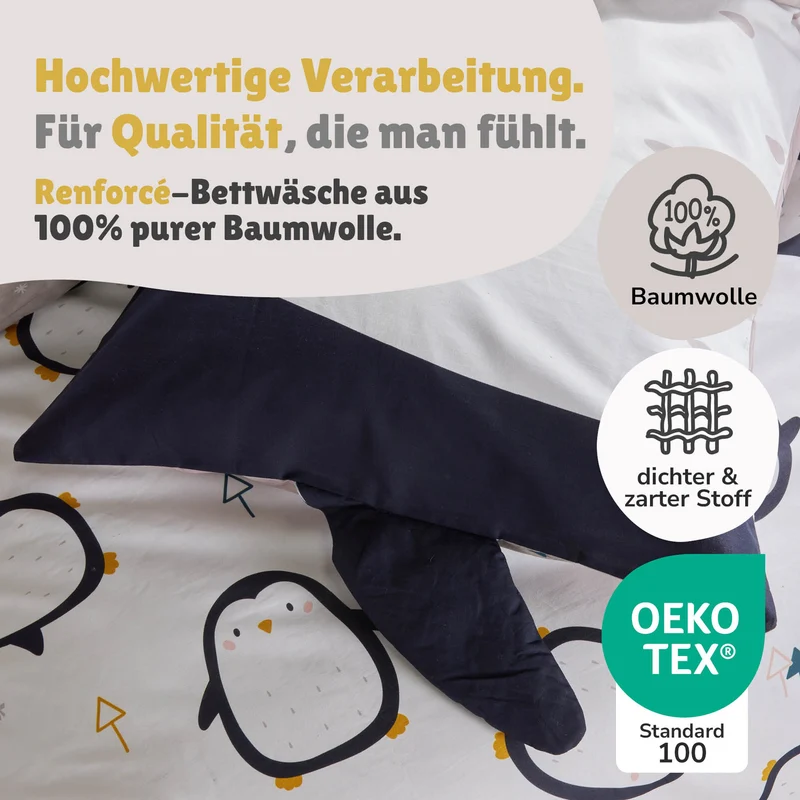 Kinderbettwäsche Set Pinguin 2-teilig 135x200 80x80 cm - Schwarz Weiße Bettwäsche aus 100% Baumwolle mit Reißverschluss - Renforcé, atmungsaktiv