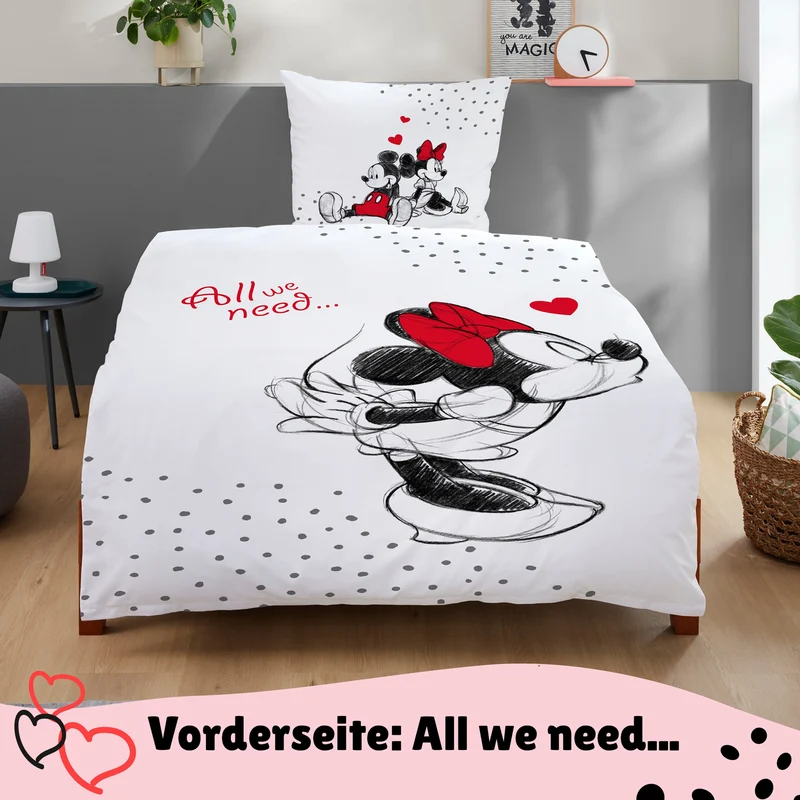 Disney's Mickey & Minnie Mouse Bettwäsche Set 135x200 80x80 cm - Partner Bettwäsche, weiß aus 100% Baumwolle mit Reißverschluss - Öko-Tex zertifiziert