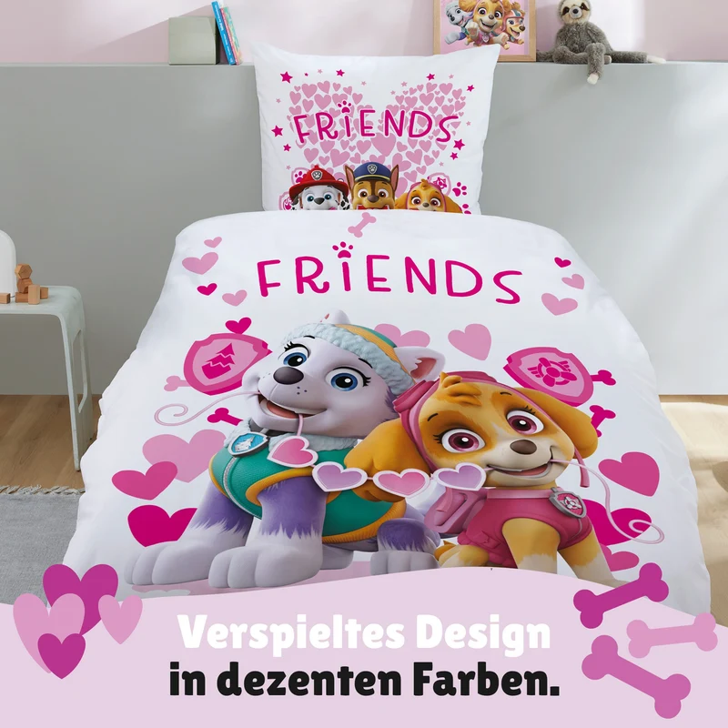 Paw Patrol Bettwäsche Set für Mädchen, Rosa, Renforcé aus 100% Baumwolle - Decken- und Kissenbezug 135x200 80x80 cm mit Reißverschluss - Öko-Tex