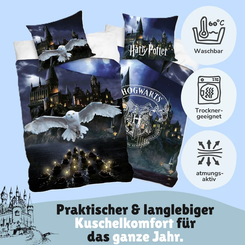 Harry Potter Bettwäsche Set 2-teilig mit Wendemotiv - Kinderbettwäsche 135x200 80x80 cm mit Reißverschluss - 100% Baumwolle, Maschinenwäsche, Öko-Tex