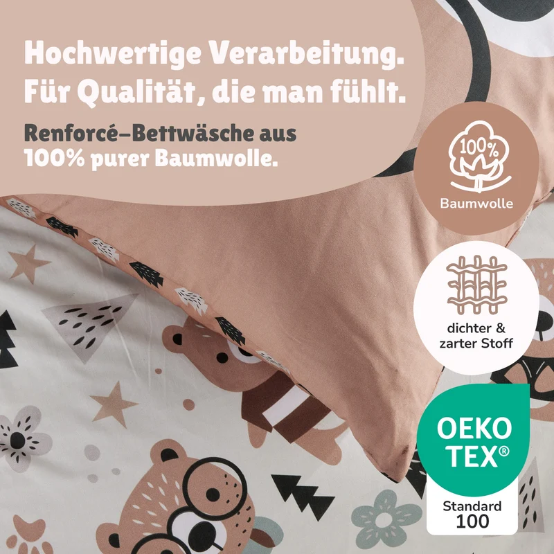 Kinderbettwäsche Set Bär 2-teilig 135x200 80x80 cm - Bärchen Bettwäsche Braun mit Ohren aus 100% Baumwolle mit Reißverschluss - Renforcé, atmungsaktiv