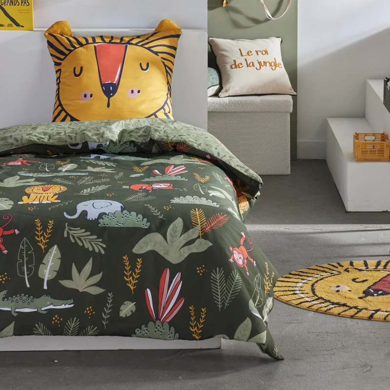 Kinderbettwäsche Set Löwe 2-teilig 135x200 80x80 cm - Dschungel Bettwäsche Grün mit Ohren - 100% Baumwolle, Reißverschluss, Renforcé, atmungsaktiv