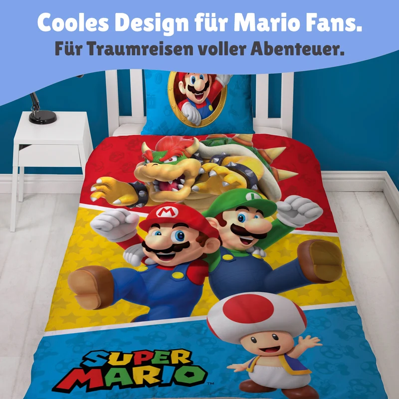 Super Mario Bettwäsche Set "Splitter" 2-teilig 135x200 80x80 cm - Mikrofaser Bettwäsche für Jungen mit Reißverschluss - maschinenwaschbar, Öko-Tex