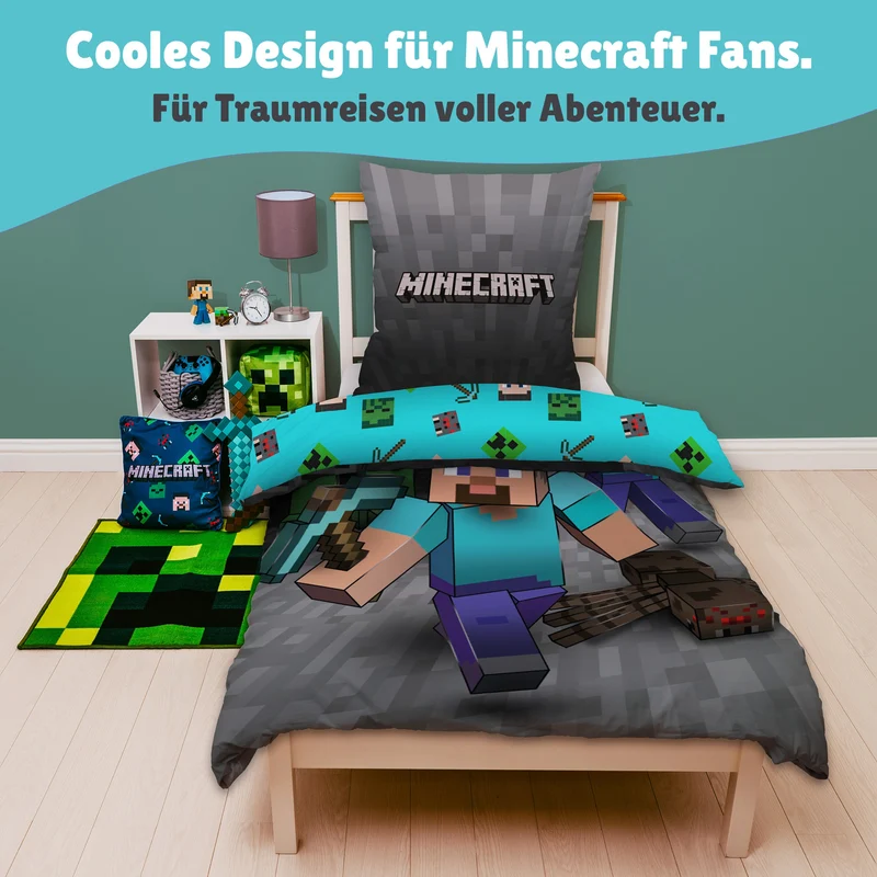 Minecraft Bettwäsche Set "Ores" 2-teilig 135x200 80x80 cm - Mikrofaser Bettwäsche für Jungen mit Reißverschluss - maschinenwaschbar, Öko-Tex