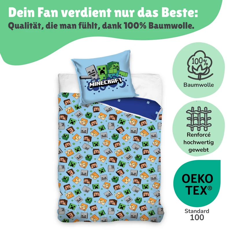 Minecraft Bettwäsche Set "Slurp" 2-teilig 135x200 80x80 cm - Renforcé Bettwäsche aus 100% Baumwolle mit Reißverschluss - maschinenwaschbar, Öko-Tex