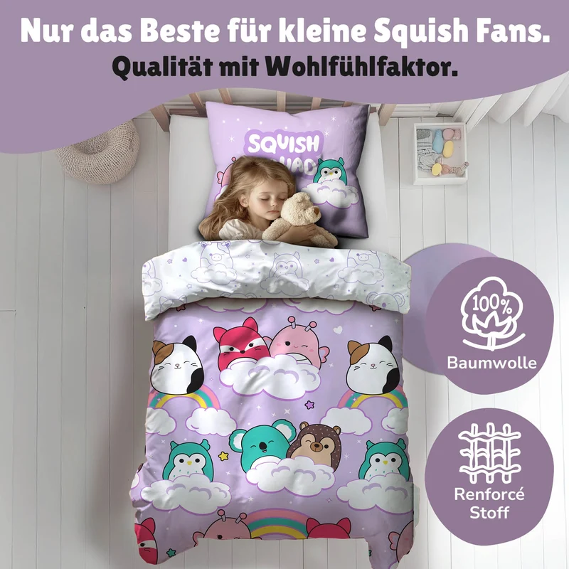 Squishmallow Bettwäsche Set Decke 135x200 Kissen 80x80 cm aus 100% Baumwolle Wendebettwäsche für Mädchen Rosa mit Knopfleiste und süßen Figuren