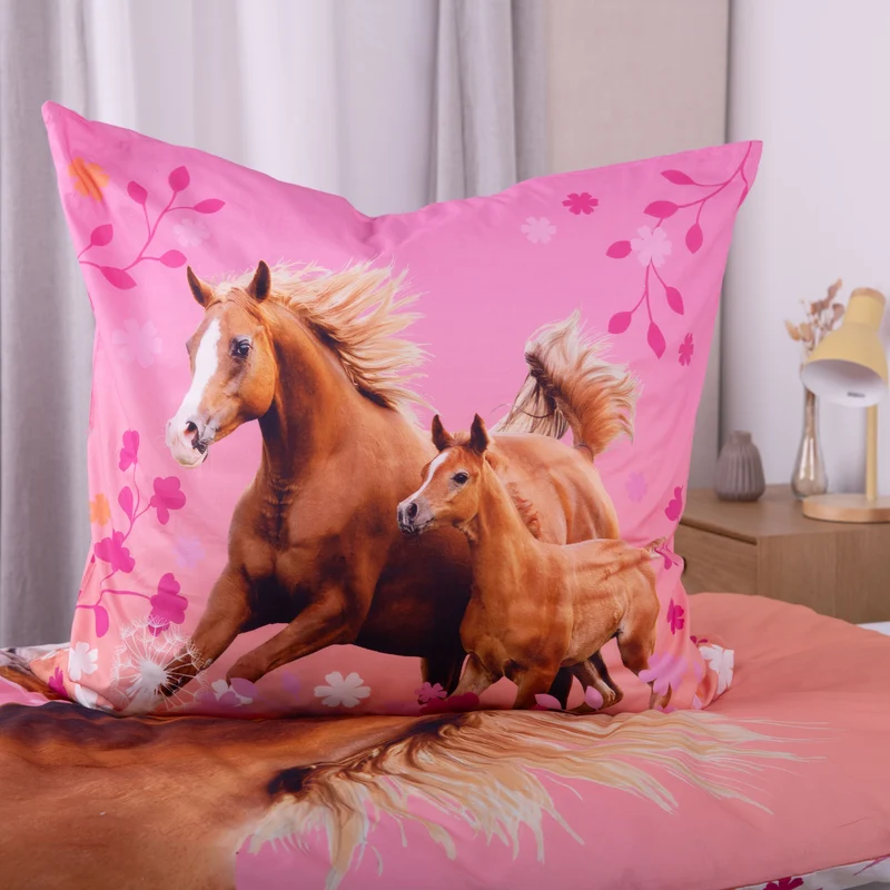 Pferde Bettwäsche Set 2-teilig 135x200 80x80 cm - Renforcé Bettwäsche für Mädchen aus 100% Baumwolle mit Reißverschluss - Rosa, Öko-Tex zertifiziert