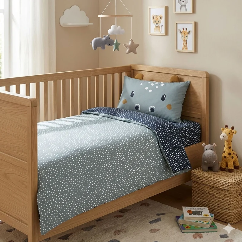 Baby Bettwäsche Set Nilpferd Hippo 2-teilig - 100x135 40x60 cm aus 100% Baumwolle mit Ohren