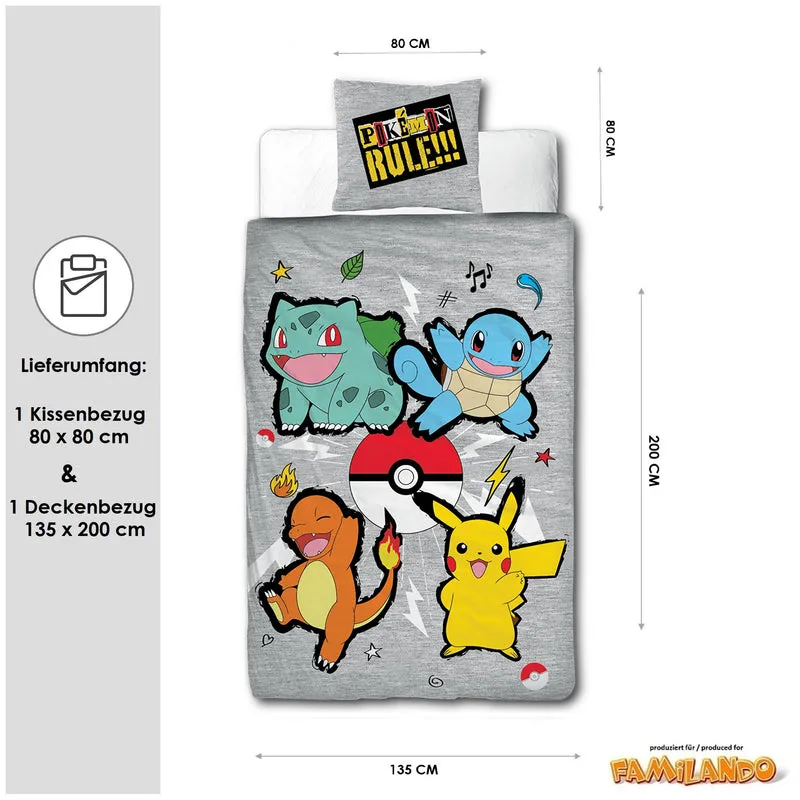 Pokemon Bettwäsche Set "Rock" 2-teilig 135x200 80x80cm - Flanell Bettwäsche aus 100% Baumwolle mit Reißverschluss - maschinenwaschbar, Öko-Tex