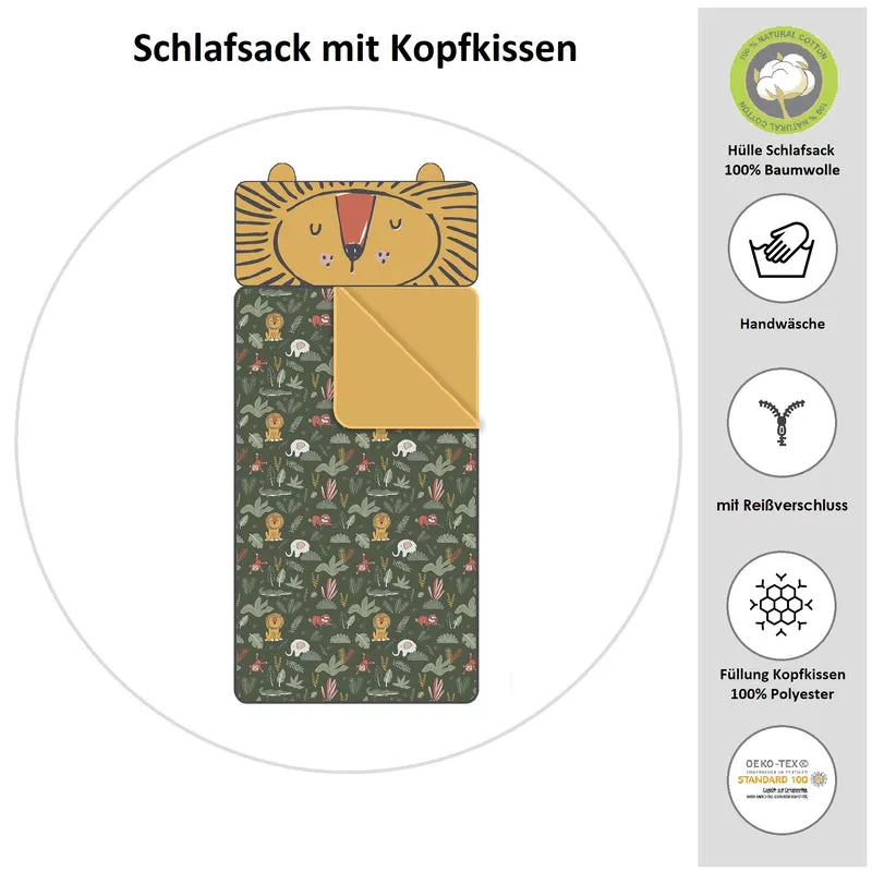 Kinder Schlafsack mit Kopfkissen 62x142 cm Indoor Schlafsack aus 100% Baumwolle mit Dschungel Motiv und Reißverschluss