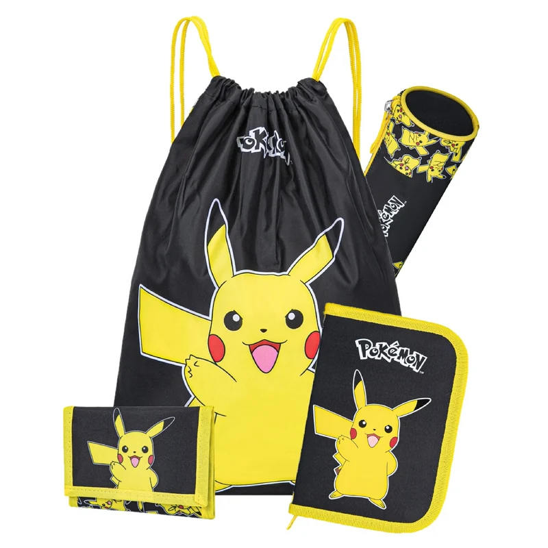 Schul-Zubehör 4-teiliges Set für gelben Pokemon Schulranzen (Federmappe, Schlamper, Turn- und Geldbeutel)