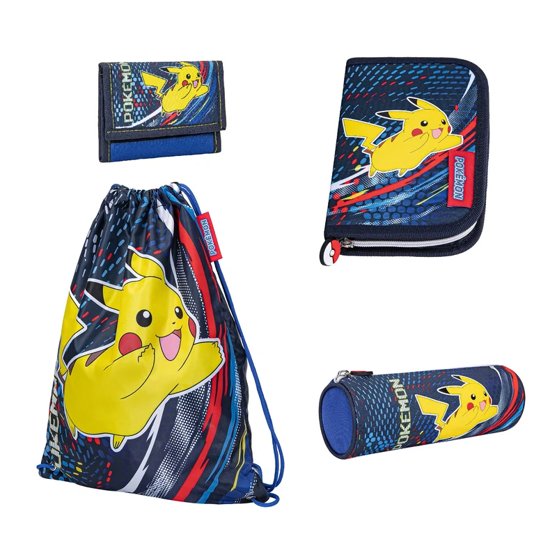 Schul-Zubehör 4-teiliges Set für blauen Pokemon Schulranzen (Federmappe, Schlamper, Turn- und Geldbeutel)