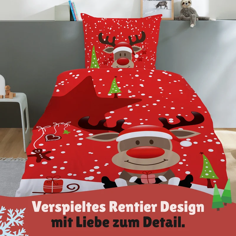 Weihnachts-Bettwäsche Set 2-teilig 135x200 80x80 cm - Rentier Bettwäsche mit Reißverschluss - Fleece-Qualität, flauschig, maschinenwaschbar, Öko-Tex