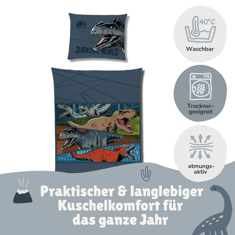 Jurassic World Bettwäsche Set 2-teilig 135x200 80x80 cm - Dino Bettwäsche für Jungen mit Reißverschluss - Fleece-Qualität, maschinenwaschbar, Öko-Tex