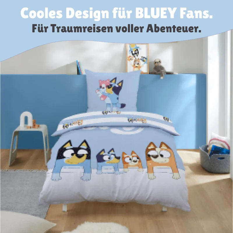 Bluey Bettwäsche Set 2-teilig 135x200 80x80 cm - Renforcé Bettwäsche aus 100% Baumwolle mit Reißverschluss - maschinenwaschbar, Öko-Tex