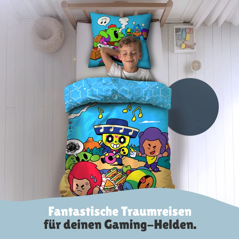 Brawl Stars Bettwäsche 2-teilig 135x200 80x80 cm Set für Jungen - Renforcé aus 100% Baumwolle mit Reißverschluss - maschinenwaschbar, Öko-Tex