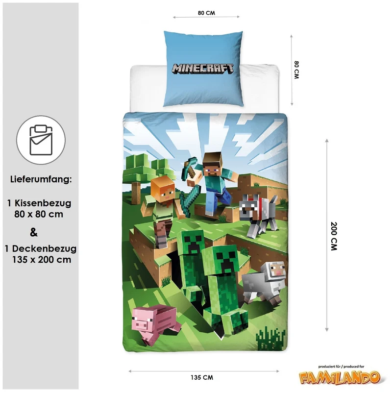 Minecraft Bettwäsche Set "Battle" 2-teilig 135x200 80x80 cm - Renforcé Bettwäsche aus 100% Baumwolle mit Reißverschluss - maschinenwaschbar, Öko-Tex