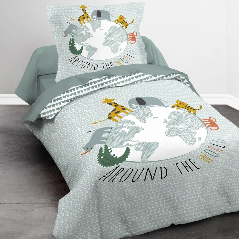 Bettwäsche Set Weltkarte 2-teilig 135x200 80x80 cm - AROUND THE WORLD Kinderbettwäsche aus 100% Baumwolle mit Reißverschluss