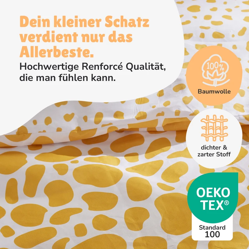 Kinderbettwäsche Set Giraffe 2-teilig 135x200 80x80 cm - Bettwäsche Gelb mit Ohren aus 100% Baumwolle mit Reißverschluss - Renforcé, atmungsaktiv