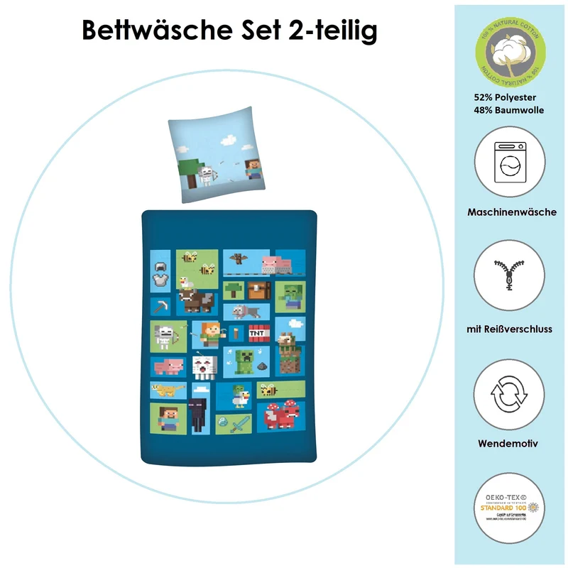 Minecraft Bettwäsche Set "Pixel" 2-teilig 135x200 80x80 cm - Polycotton Bettwäsche mit 52% Baumwolle und Reißverschluss - maschinenwaschbar, Öko-Tex