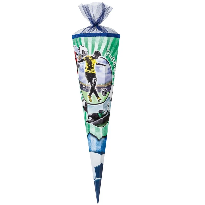 Große Schultüte / Zuckertüte FUSSBALL blau ca. 85 cm (Länge) | 6-eckig | Durchmesser ca. 25 cm