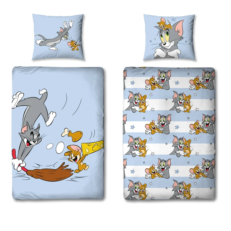 Tom und Jerry Kinderbettwäsche Set 135x200 80x80 cm in hellblau aus 100% Baumwolle mit Wendemotiv Mäusejagd