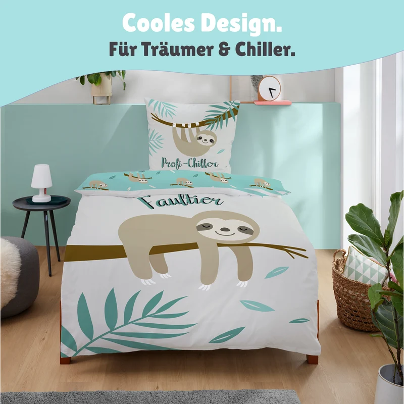 Faultier Bettwäsche Set 2-teilig 135x200 80x80 cm - Lustige Renforcé Bettwäsche aus 100% Baumwolle mit Spruch & Reißverschluss - Öko-Tex zertifiziert