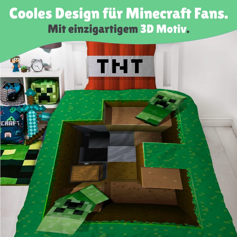 Minecraft Bettwäsche Set "Base" 2-teilig 135x200 80x80 cm - Renforcé Bettwäsche aus 100% Baumwolle mit Reißverschluss - maschinenwaschbar, Öko-Tex