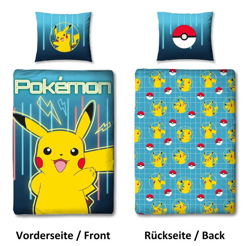 Pokemon Bettwäsche Set "Glow" 2-teilig 135x200 80x80 cm - Renforcé Bettwäsche aus 100% Baumwolle mit Reißverschluss - maschinenwaschbar, Öko-Tex