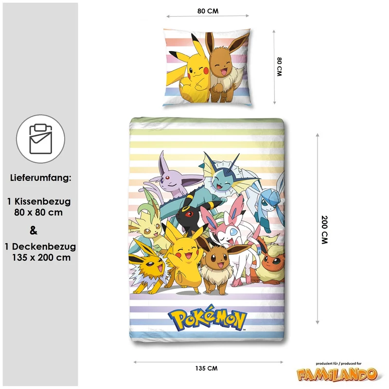 Pokemon Bettwäsche Set "Group" 2-teilig 135x200 80x80 cm - Renforcé Bettwäsche aus 100% Baumwolle mit Reißverschluss - maschinenwaschbar, Öko-Tex